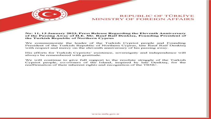 Press Release Regarding the Eleventh Anniversary of the Passing Away of H.E. Mr. Rauf Raif Denktaş, Founding President of the Turkish Republic of Northern Cyprus